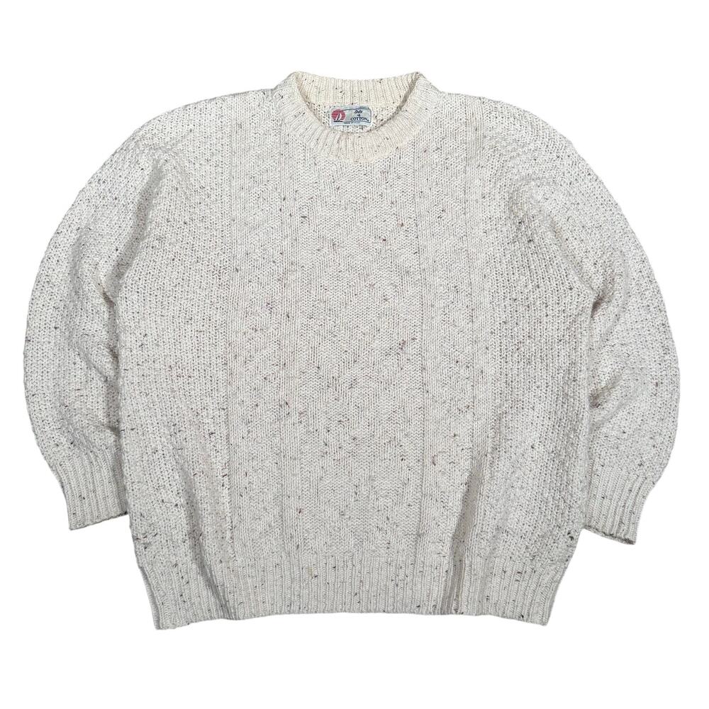 Vintage Isle of Cotton Cable Knit Sweater Cream Speckled 100% Cotton USA Large